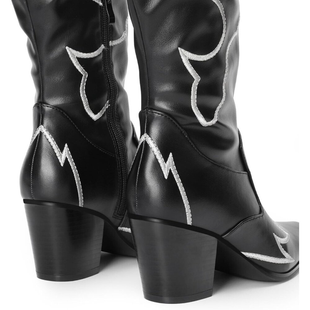 Women Black Faux Suede Cowboy Boots Over The Knee Thigh High Western Boots - Picture 5 of 7